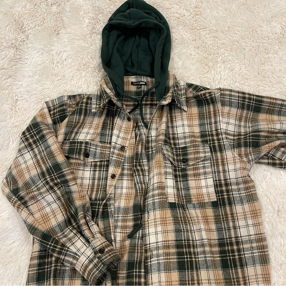 green / brown hooded flannel jacket